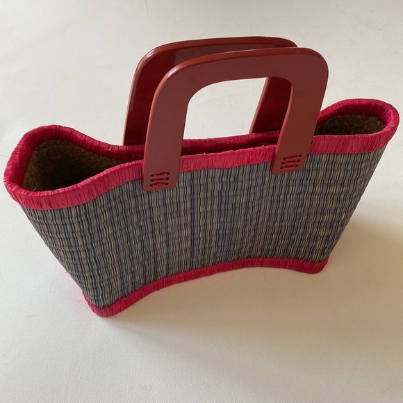 Vintage straw wicker boho wooden red handle purse - Picture 5 of 9